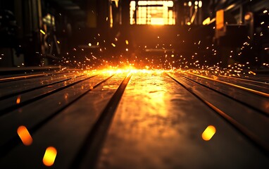 Poster - A vibrant view of sparks flying across a metal surface, illuminated by warm light, evoking a dynamic industrial atmosphere.