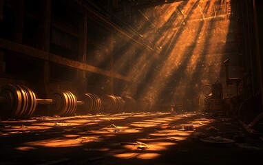 Poster - A dimly lit industrial space with beams of sunlight streaming through, highlighting scattered debris and creating a mysterious atmosphere.