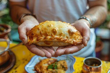 Hands Holding a Delicious Empanada