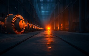 Poster - An industrial scene featuring large machinery in a dimly lit warehouse, highlighted by an orange glow at the end of a long corridor.