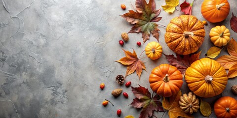 Sticker - Autumn Composition with Pumpkins and Dried Leaves on Pastel Gray Background for Fall and Halloween Concept - Flat Lay Top View with Copy Space