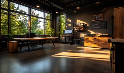 Poster - A modern office space bathed in natural light, featuring wooden furniture, greenery, and a clean, minimalist design.