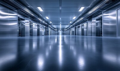 Fototapete - A wide, modern corridor with metallic walls and a glossy floor, illuminated by bright ceiling lights, creating a futuristic atmosphere.
