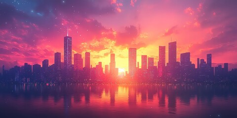 Poster - A city skyline at sunset with a fiery sky and reflection in the water.