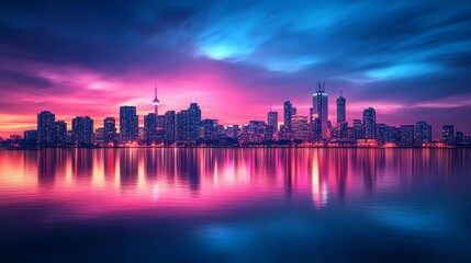 Aufkleber - A cityscape at sunset with pink and blue hues reflecting in the water.