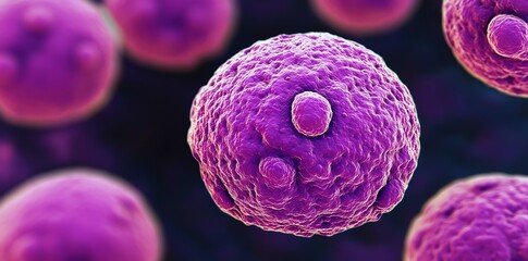 Aufkleber - A close-up of a purple, round, textured microbe with smaller microbes in the background.
