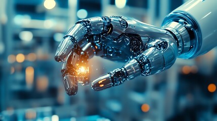 Poster - A close-up of a robotic hand holding a glowing object, with a blurred factory background.