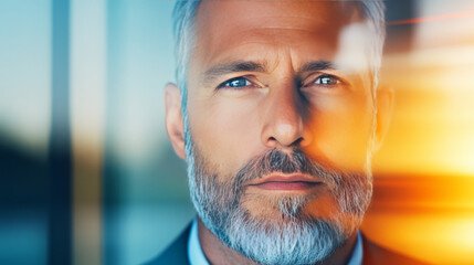 Canvas Print - Close-up portrait of a mature man with a serious expression, looking directly at the camera.