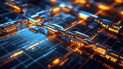 Poster - A close-up view of a chain with links and digital code laid over a blue and orange circuit board.