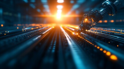 Poster - A futuristic scene with a robotic hand reaching toward a glowing light, symbolizing technology and innovation in a digital environment.