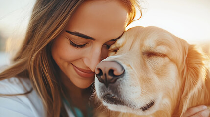 Poster - A young woman with long brown hair gently nuzzles her golden retriever.