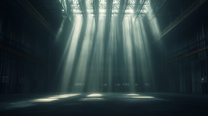 Poster - The image depicts an empty industrial space with dramatic light rays streaming through windows, creating a mysterious and atmospheric ambiance.