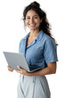 © Favio - 20s hispanic female employee, she is holding a computer laptop and smiling to the camera, she wears a blue shirt, png isolated on transparent.