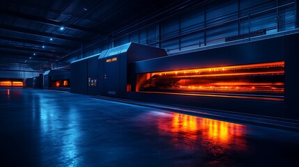 Poster - A dimly lit industrial environment featuring glowing orange machinery against a blue backdrop, creating a futuristic and high-tech atmosphere.