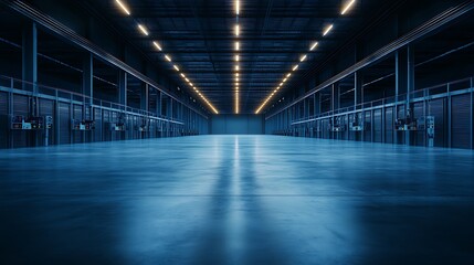 Poster - A spacious, industrial warehouse illuminated by overhead lights, featuring clean concrete floors and an expansive, empty environment.