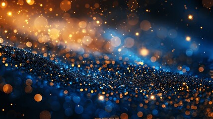 Poster - Glowing Gold and Blue Bokeh Light Particles Abstract Background for Holiday and Party Concepts