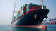 © Kunchan - Massive cargo ship loaded with colorful shipping containers at a busy industrial seaport  Cranes and gantries in the background unloading and loading freight for global trade and logistics