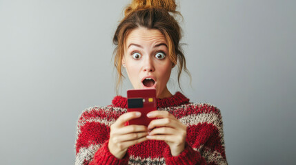 Wall Mural - Surprised consumer looking at banking app on their phone, expressing disbelief and shock. moment captures emotional reaction to unexpected financial information