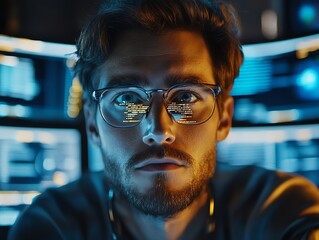 Fototapete - A focused young man wearing glasses sits in front of a computer screen filled with data, looking directly at the camera.