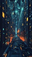 Leinwandbilder - A futuristic city built from towering servers and data pathways leading to a bright light at the end.