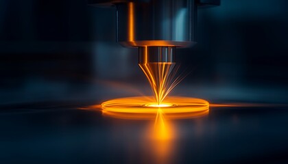 Leinwandbilder - A modern laser cutting machine emits bright orange sparks while precisely cutting through metal in a dimly lit workshop.