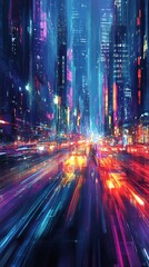Fototapete - A futuristic city with neon lights and a blurred road, creating a sense of speed and energy.