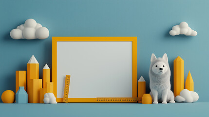 Leinwandbilder - captivating 3D illustration featuring Siberian dog beside colorful geometric shapes and blank frame against blue background, evoking creativity and playfulness