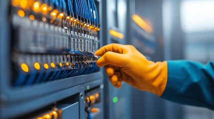 Aufkleber - detailed view of electrical wiring with gloved hand connecting cables, showcasing technology and precision in server room environment