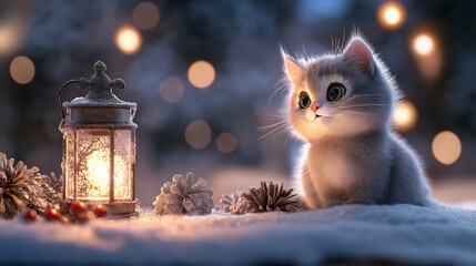 Poster - fluffy gray kitten sits beside glowing lantern in snowy landscape, surrounded by pine cones and warm Christmas lights, evoking cozy winter atmosphere