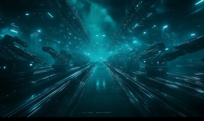 Poster - A futuristic digital landscape with glowing blue structures, creating a sense of depth and an otherworldly atmosphere.