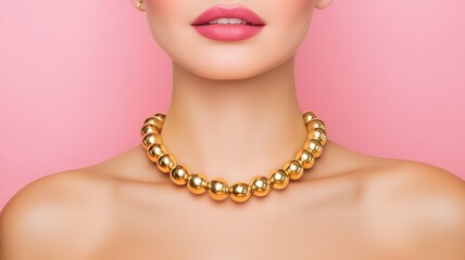 A close-up of a woman's neck adorned with a shiny golden necklace against a soft pink background, highlighting elegance and beauty.