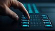 © KM - Finger pressing blue lit button on touchscreen interface, showcasing modern technology and interaction. glowing buttons create futuristic atmosphere