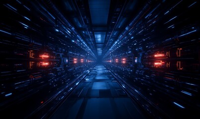 Poster - A futuristic corridor with glowing blue and red lights, creating a digital or cybernetic ambiance reminiscent of advanced technology and data storage.