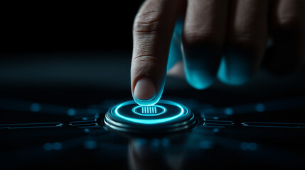 Poster - finger about to press luminous blue button, showcasing advanced technology and interaction. glowing button symbolizes innovation and futuristic design