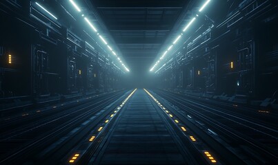 Poster - A futuristic, high-tech corridor illuminated by bright lights, creating an atmosphere of mystery and advanced technology.