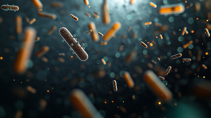 Fototapete - Microscopic view of pathogens with glowing accents, showcasing bacteria in dynamic environment. vibrant colors and details highlight their intricate structures
