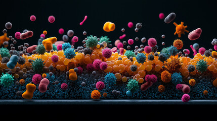Fototapete - Microscopic view of colorful pathogens and microorganisms, showcasing vibrant details and glowing accents, illustrating complexity of microbial life