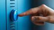 © KM - hand pressing blue button on digital interface, symbolizing interaction and technology. vibrant color and focus on button evoke sense of engagement and modernity