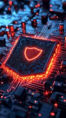 Poster - A glowing red shield symbol on a circuit board, representing digital security and protection.