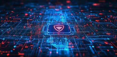 Aufkleber - A glowing red and blue shield icon on a circuit board, symbolizing cybersecurity and data protection.