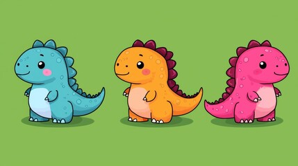 Wall Mural - Three cute cartoon dinosaurs in different colors standing in a row on a green background.