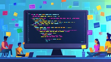 Aufkleber - A group of diverse programmers working on a large computer monitor displaying code.