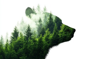 double exposure of a bear silhouette with lush green forest, symbolizing wildlife and nature conserv