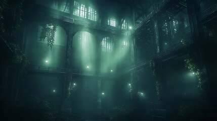 Poster - A hauntingly beautiful, dimly lit interior filled with shadows, vines, and beams of light filtering through a ruined structure.