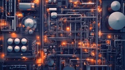 Poster - Industrial Facility with Glowing Pipelines and Tanks
