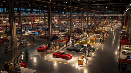 Poster - Modern Automotive Factory with Robots and Cars