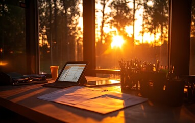 Aufkleber - A serene workspace bathed in golden sunset light, featuring an electronic device, stationery, and nature in the background, creating a peaceful atmosphere.