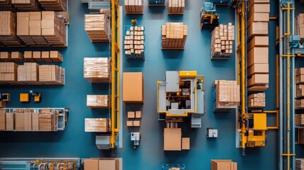 Poster - Aerial View of Warehouse with Stacked Boxes and Equipment