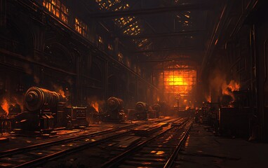 Poster - A dimly lit industrial scene filled with flickering flames and shadows, suggesting an abandoned or destroyed setting.