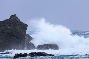  岩礁に当たる白波が美しいヒリゾ浜の青い海。

静岡県伊豆半島賀茂郡南伊豆町中木ヒリゾ浜2024年
